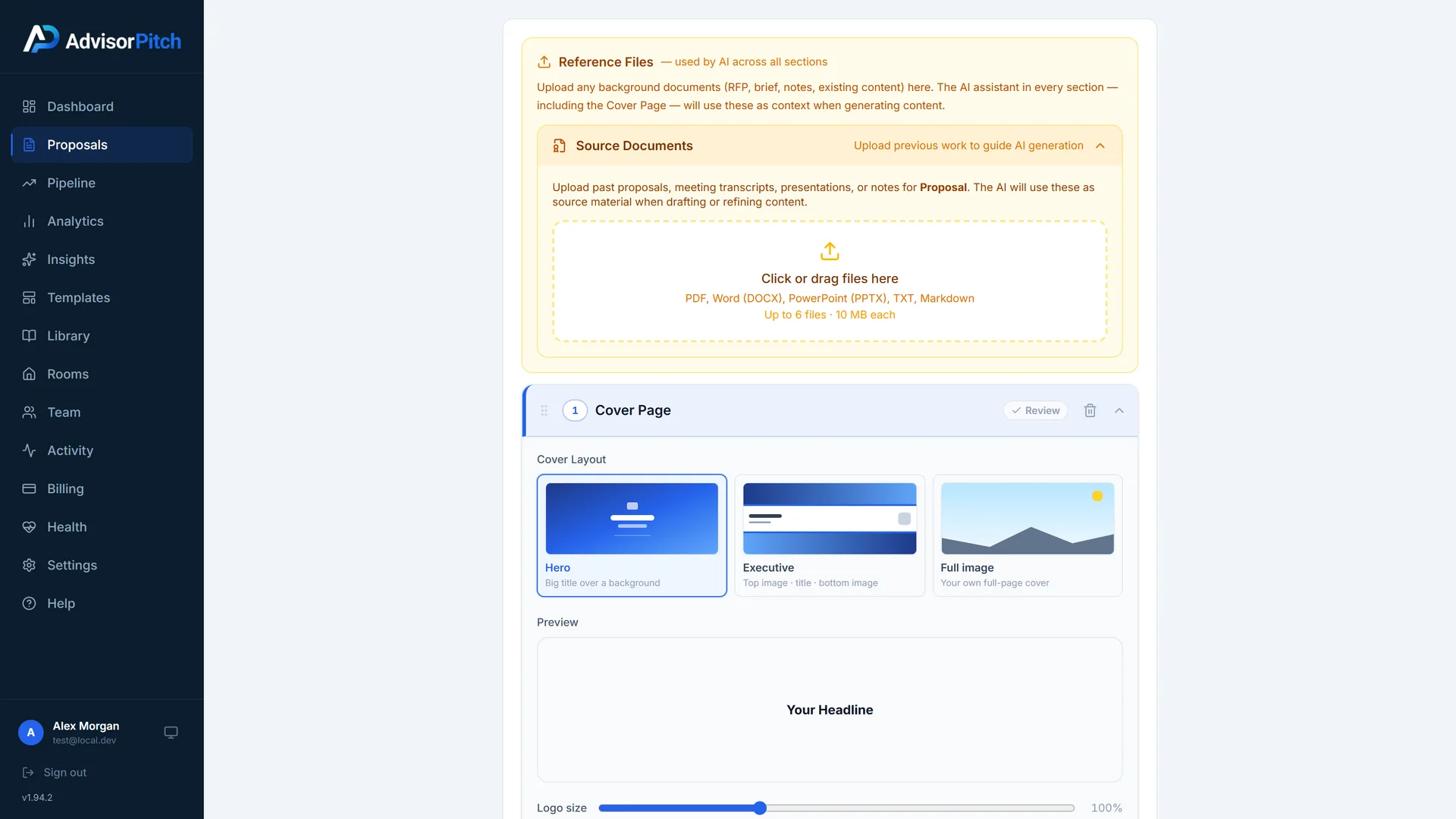 Proposal builder with Reference Files: upload past proposals, meeting transcripts, presentations, or notes, and the AI uses them as source material